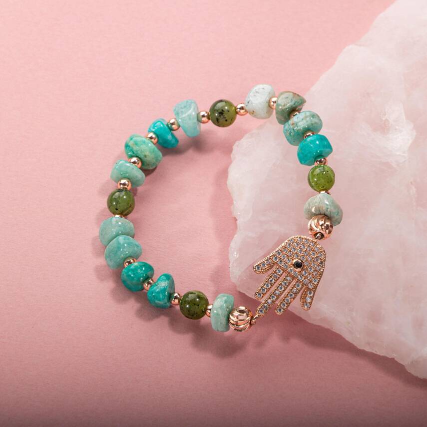 Amazonit-Yeşim Doğal Taş Hamsa Fatıma Eli Altın Kaplama Bileklik - 3