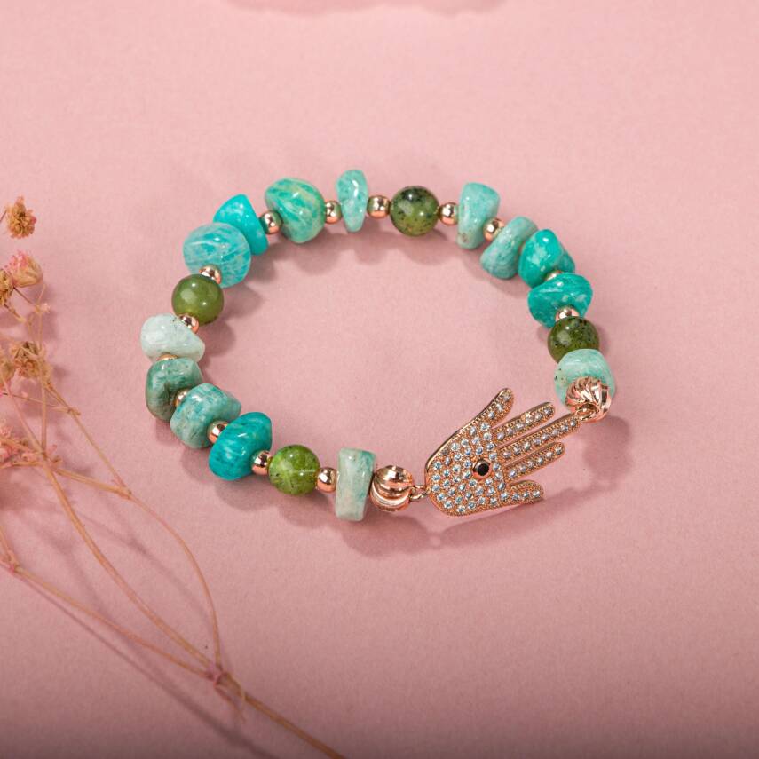 Amazonit-Yeşim Doğal Taş Hamsa Fatıma Eli Altın Kaplama Bileklik - 5