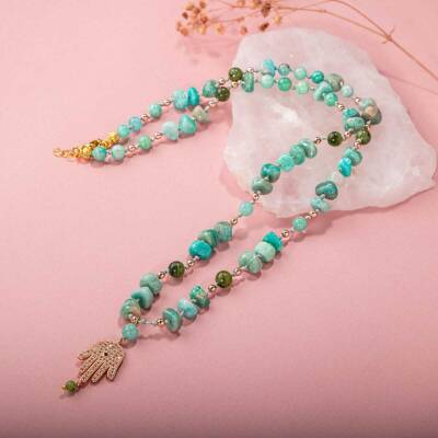 Amazonit-Yeşim Doğal Taş Hamsa Fatıma Eli Altın Kaplama Kolye - 3