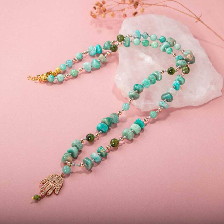 Amazonit-Yeşim Doğal Taş Hamsa Fatıma Eli Altın Kaplama Kolye - 3