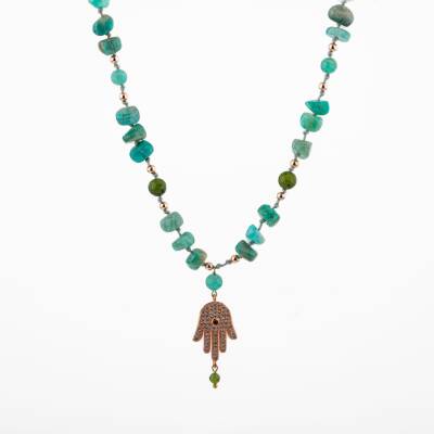 Amazonit-Yeşim Doğal Taş Hamsa Fatıma Eli Altın Kaplama Kolye - Osmanlı Doğaltaş