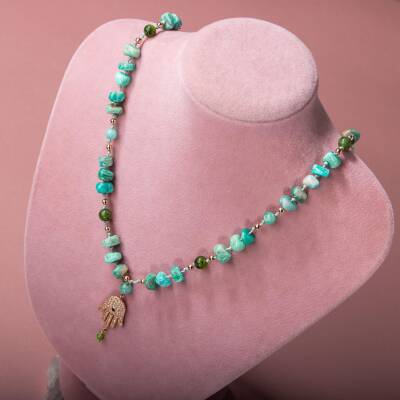 Amazonit-Yeşim Doğal Taş Hamsa Fatıma Eli Altın Kaplama Kolye - 2