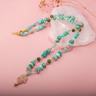 Amazonit-Yeşim Doğal Taş Hamsa Fatıma Eli Altın Kaplama Kolye - 3