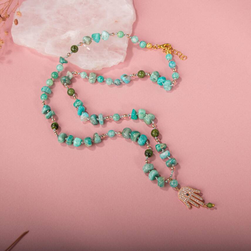 Amazonit-Yeşim Doğal Taş Hamsa Fatıma Eli Altın Kaplama Kolye - 4