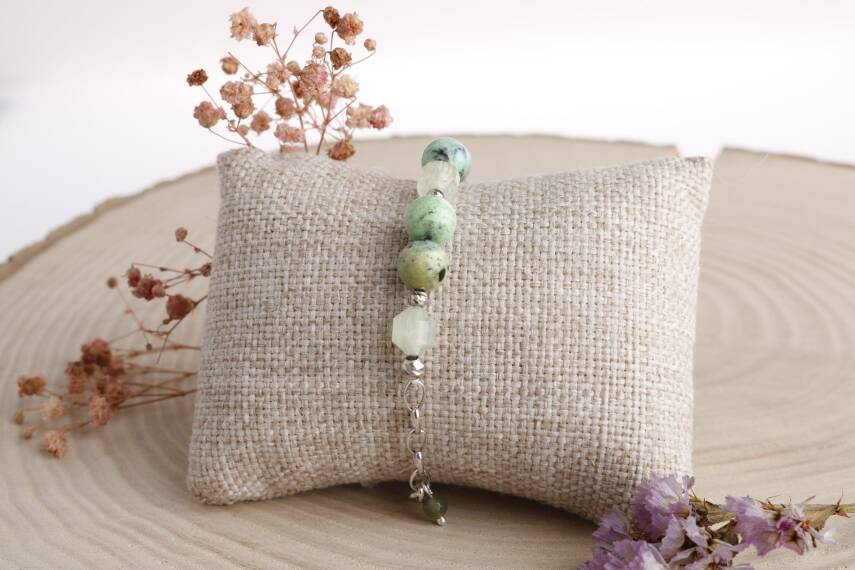 Amazonya, İspanyol Varisit-Prehneit-Akik Doğal Taş Gümüş Bileklik - 2