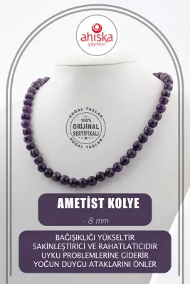 Ametist 8 mm Dizi Doğal Taş Kolye - 1