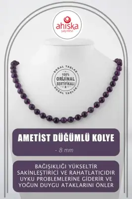 Ametist 8 mm Düğümlü Doğal Taş Kolye - 1
