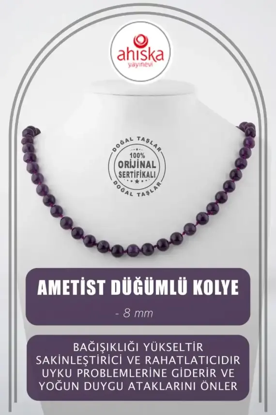 Ametist 8 mm Düğümlü Doğal Taş Kolye - 1