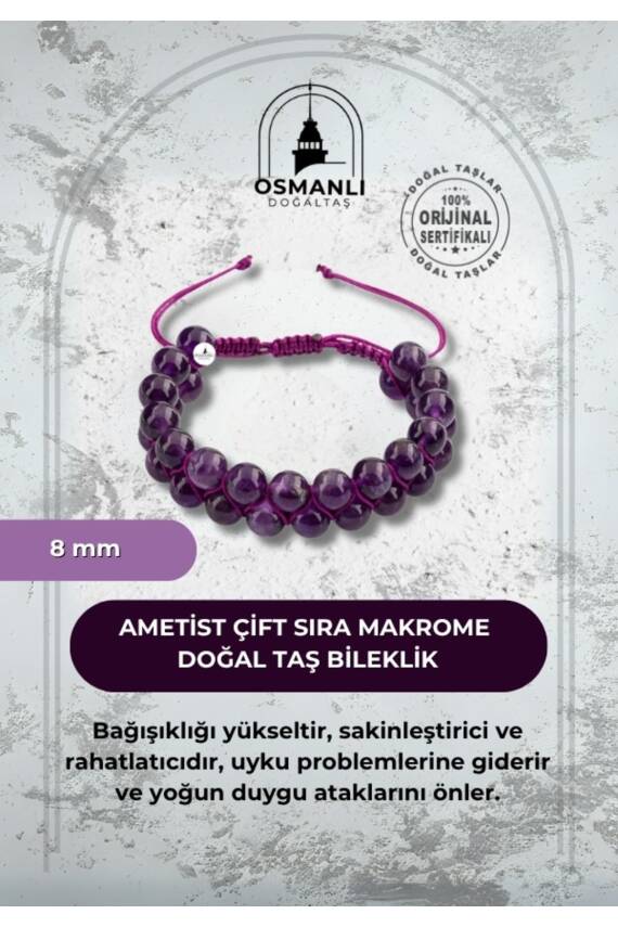 Ametist 8mm Çift Sıra Makrome Doğal Taş Bileklik - 1