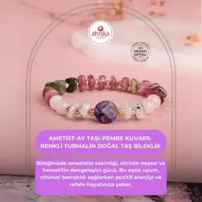 Ametist-Ay Taşı-Pembe Kuvars-Renkli Turmalin Doğal Taş Bileklik - 1