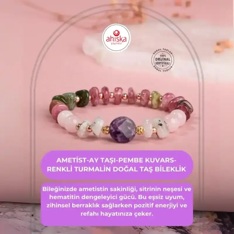 Ametist-Ay Taşı-Pembe Kuvars-Renkli Turmalin Doğal Taş Bileklik - 1