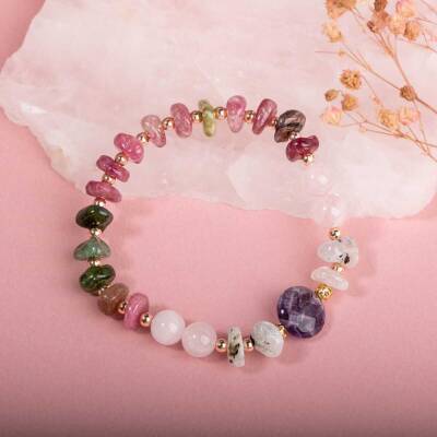 Ametist-Ay Taşı-Pembe Kuvars-Renkli Turmalin Doğal Taş Bileklik - Doğal Taş (1)