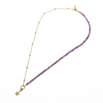 Ametist Doğal Taş Gümüş Çiçekli Kolye - 2