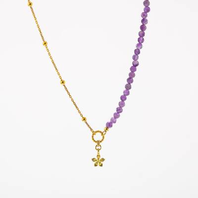 Ametist Doğal Taş Gümüş Çiçekli Kolye - 3