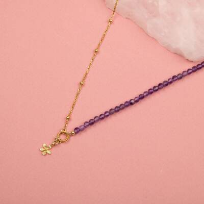 Ametist Doğal Taş Gümüş Çiçekli Kolye - 4