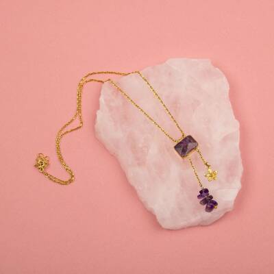 Ametist Doğal Taş Gümüş Çiçekli Kolye - 5