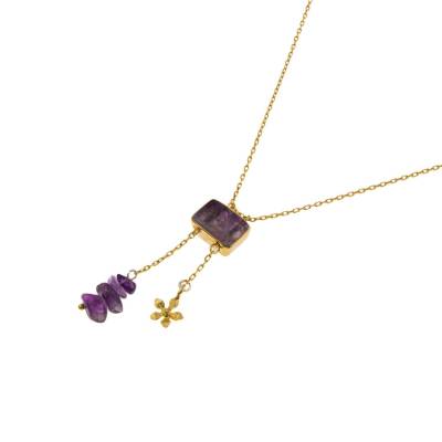 Ametist Doğal Taş Gümüş Çiçekli Kolye - 8