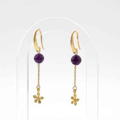 Ametist Doğal Taş Gümüş Çiçekli Küpe - Osmanlı Doğaltaş