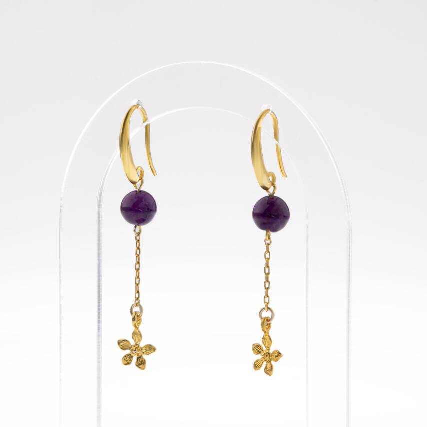 Ametist Doğal Taş Gümüş Çiçekli Küpe - 1