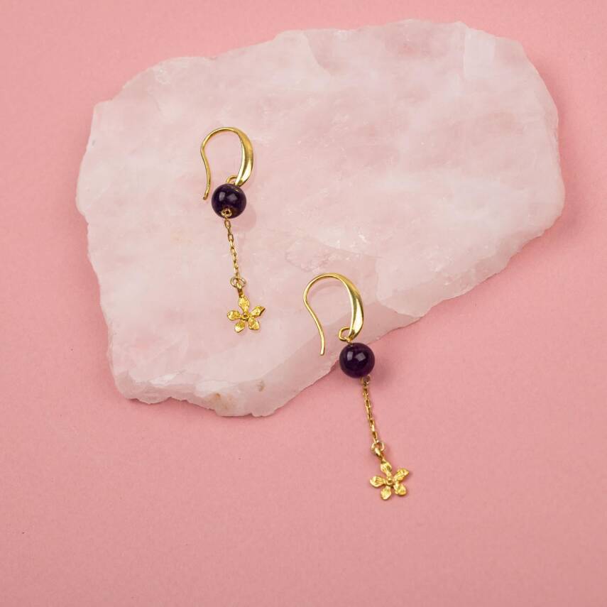 Ametist Doğal Taş Gümüş Çiçekli Küpe - 2