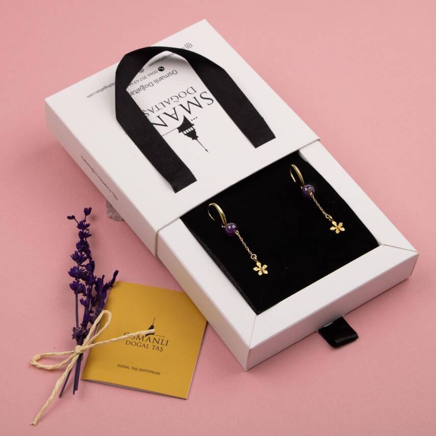 Ametist Doğal Taş Gümüş Çiçekli Küpe - 3