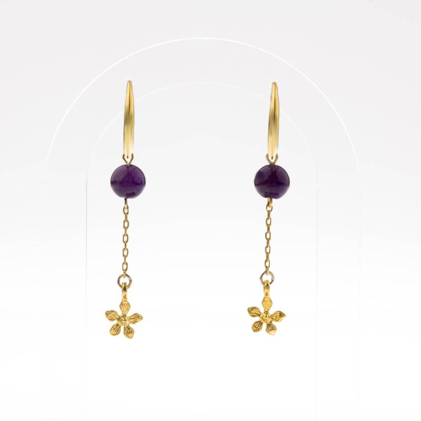 Ametist Doğal Taş Gümüş Çiçekli Küpe - 4