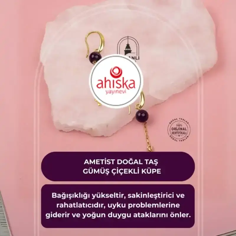 Ametist Doğal Taş Gümüş Çiçekli Küpe - 2