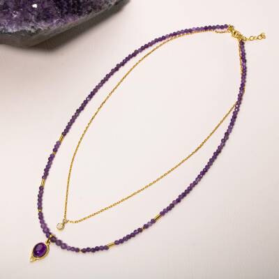 Ametist Doğal Taş Gümüş Zincir 2'li Kolye - 2