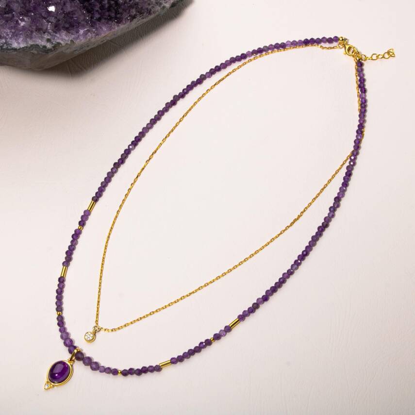 Ametist Doğal Taş Gümüş Zincir 2'li Kolye - 2