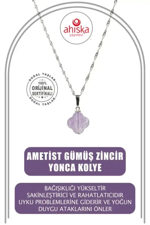 Ametist Doğal Taş Gümüş Zincir Yonca Kolye - 1