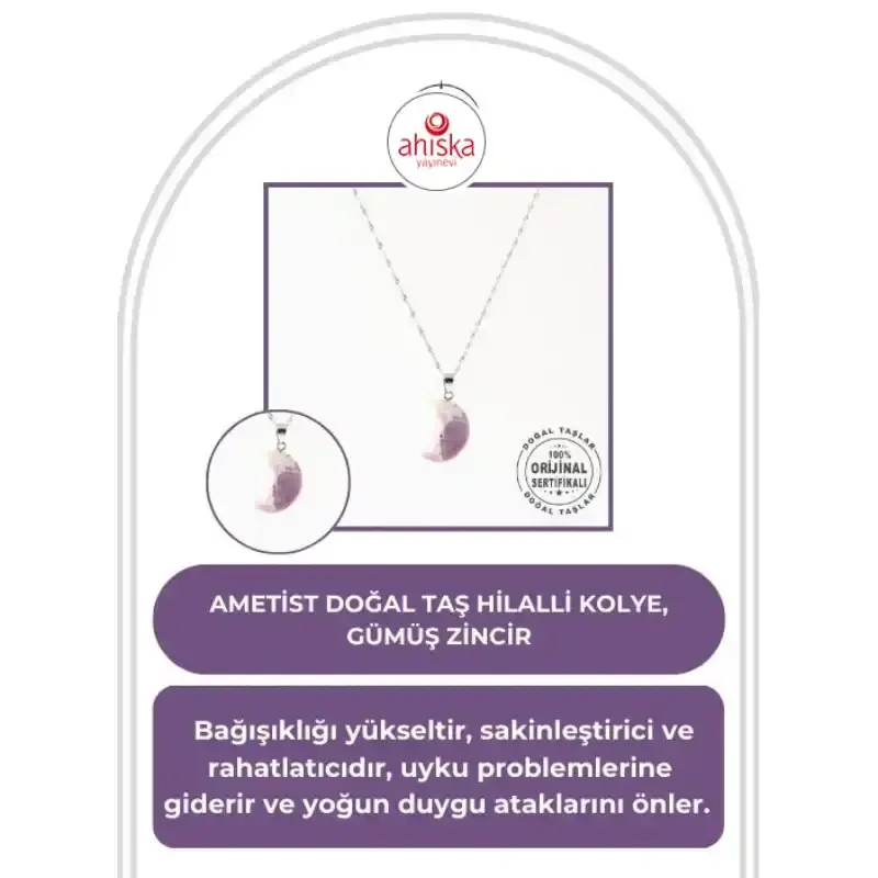 Ametist Doğal Taş Hilalli Kolye, Gümüş Zincir - 2