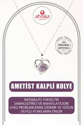 Ametist Doğal Taş Kalpli Kolye, Gümüş Zincir - Doğal Taş (1)