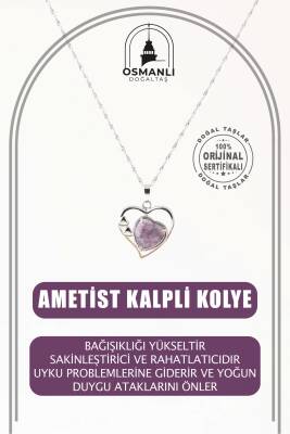 Ametist Doğal Taş Kalpli Kolye, Gümüş Zincir - Osmanlı Doğaltaş