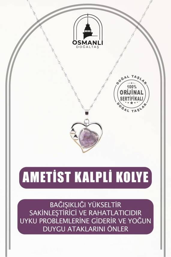 Ametist Doğal Taş Kalpli Kolye, Gümüş Zincir - 1