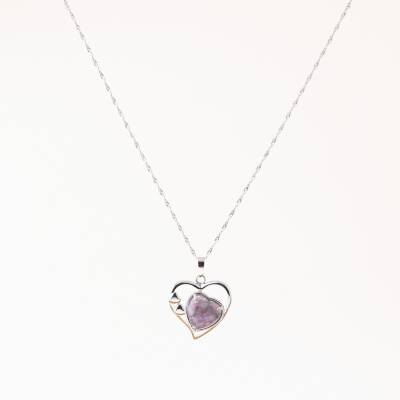 Ametist Doğal Taş Kalpli Kolye, Gümüş Zincir - 2