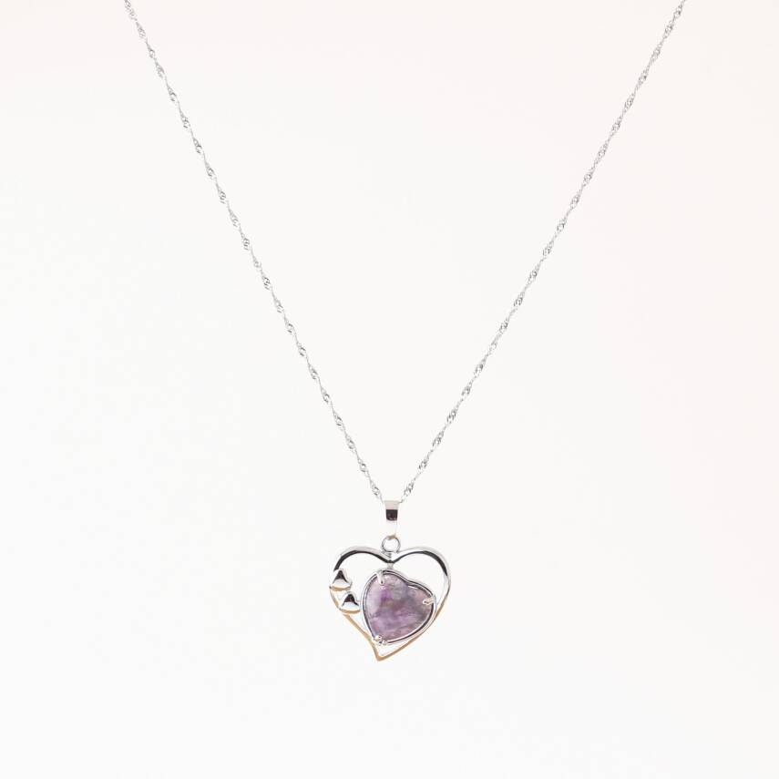 Ametist Doğal Taş Kalpli Kolye, Gümüş Zincir - 2