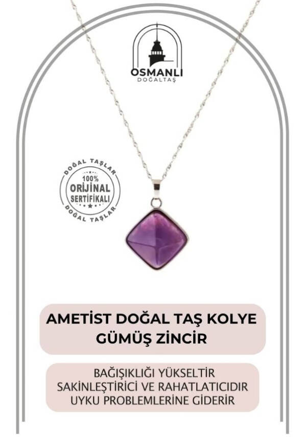 Ametist Doğal Taş Kolye, Gümüş Zincir - 1