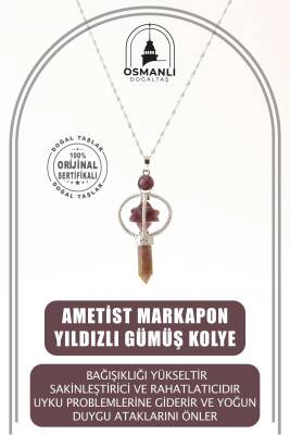 Ametist Doğal Taş Markapon Yıldızlı Kolye, Gümüş Zincir - Osmanlı Doğaltaş