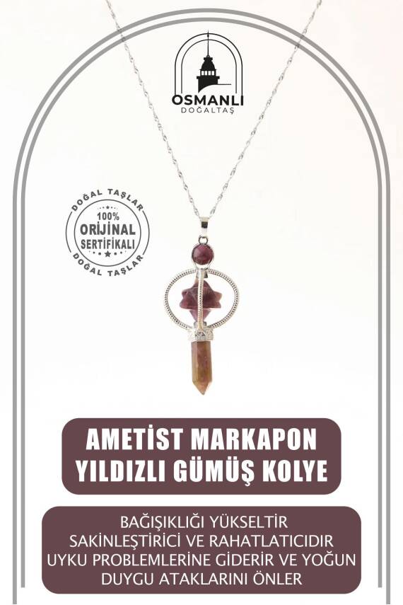 Ametist Doğal Taş Markapon Yıldızlı Kolye, Gümüş Zincir - 1