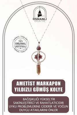 Ametist Doğal Taş Markapon Yıldızlı Kolye, Gümüş Zincir - Osmanlı Doğaltaş