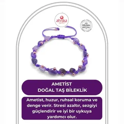 Ametist Doğal Taş Merdiven Kapama Büyük Kesim Naturel İpli Her Bileğe Ayarlanabilir Bileklik - 1