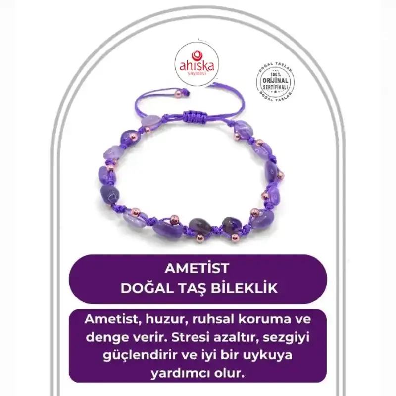 Ametist Doğal Taş Merdiven Kapama Büyük Kesim Naturel İpli Her Bileğe Ayarlanabilir Bileklik - 1