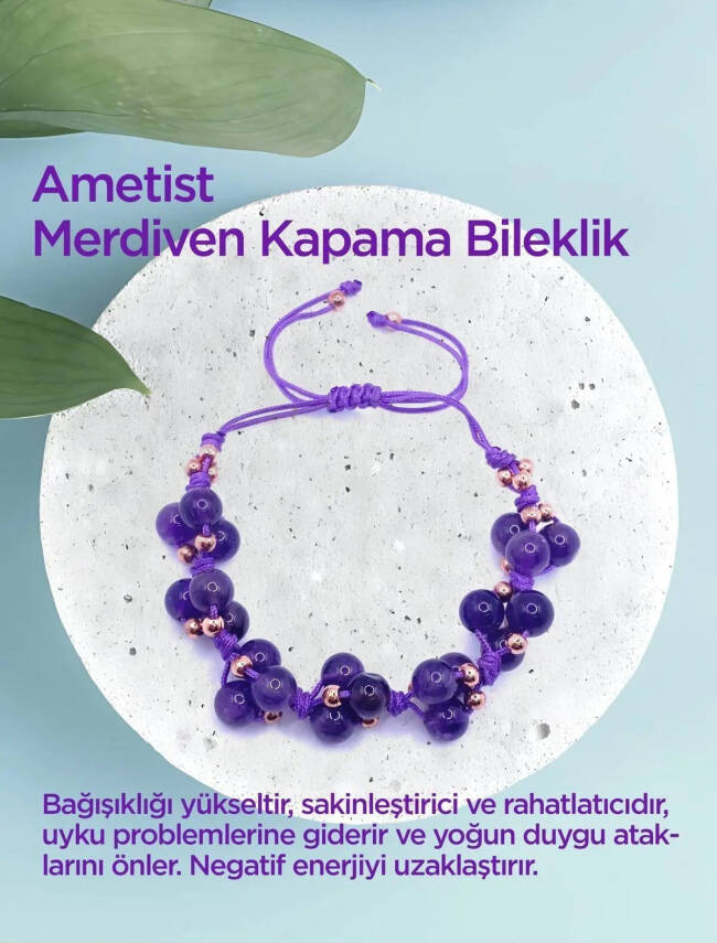 Ametist Doğal Taş Merdiven Kapama İpli Her Bileğe Uygun Bileklik - 1