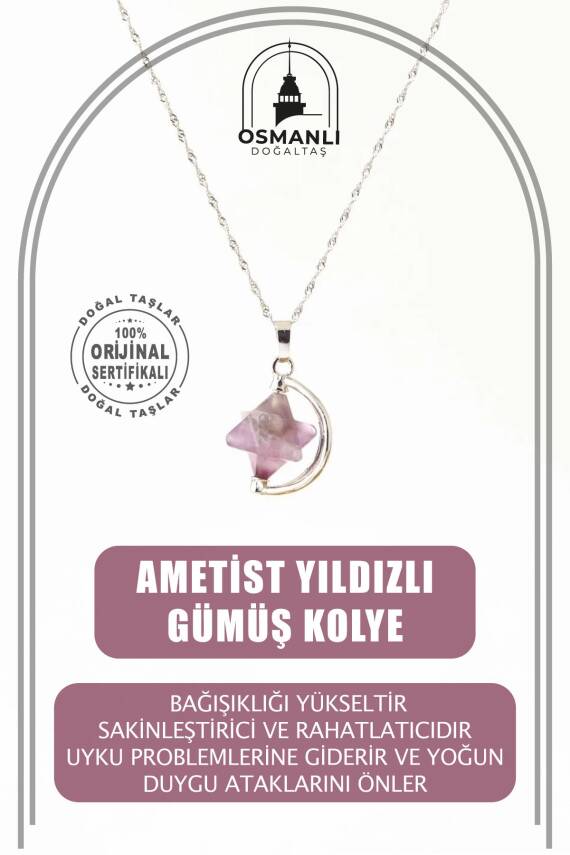 Ametist Doğal Taş Yıldızlı Kolye, Gümüş Zincir - 1