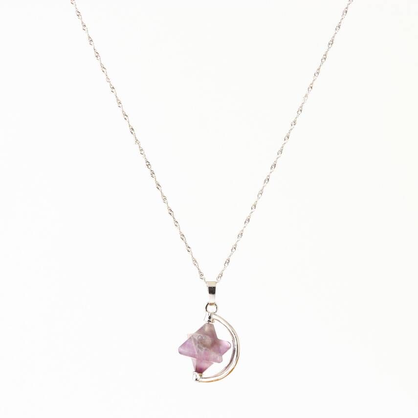 Ametist Doğal Taş Yıldızlı Kolye, Gümüş Zincir - 2