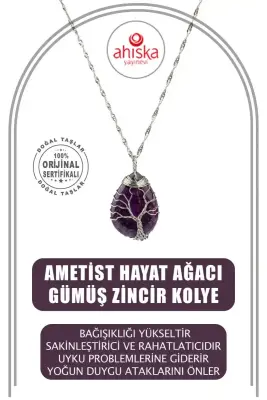 Ametist Hayat Ağacı Doğal Taş Gümüş Zincir Kolye - 1