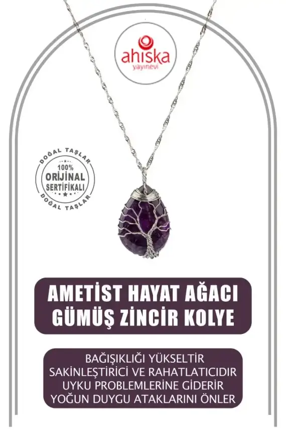 Ametist Hayat Ağacı Doğal Taş Gümüş Zincir Kolye - 1
