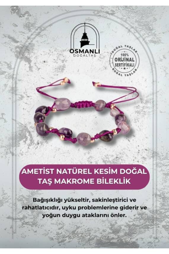 Ametist Natürel Kesim Doğal Taş Makrome Bileklik - 1