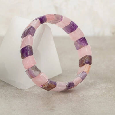 Ametist-Pembe Kuvars Doğal Taş Geniş Kesim Bileklik - 2