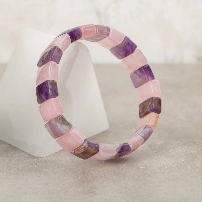 Ametist-Pembe Kuvars Doğal Taş Geniş Kesim Bileklik - 2